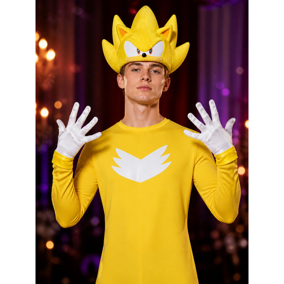 Yellow Spiked Character Bodysuit Halloween Costume Set with Headpiece and Gloves on-model view