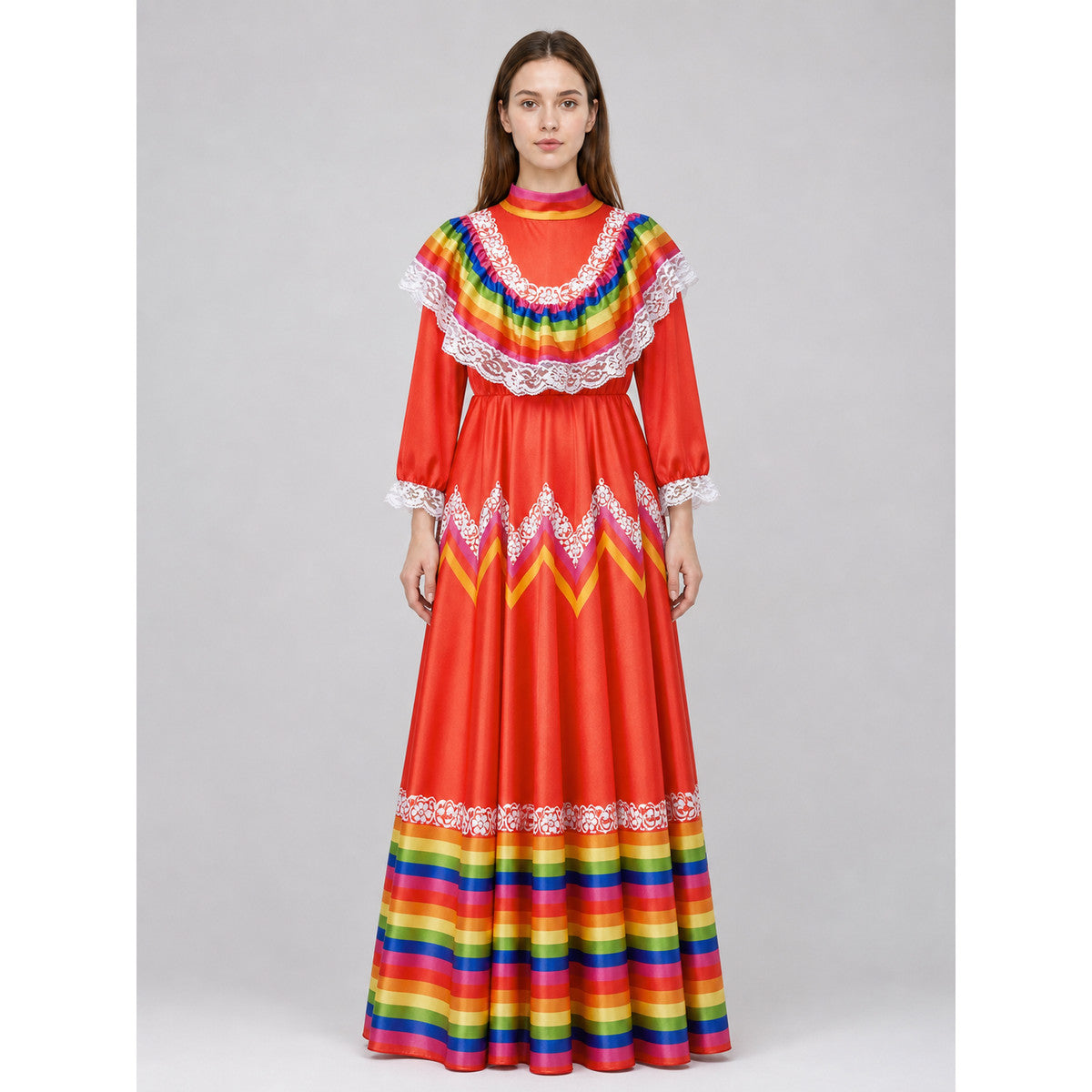 Folk Performance Dress with Long Sleeves front view