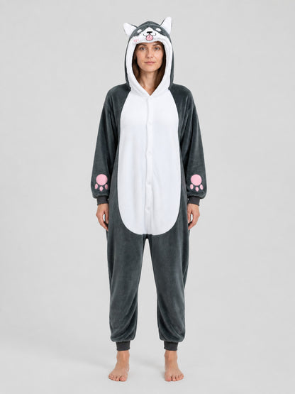 Husky Flannel Hooded One-Piece Pajamas on-model view