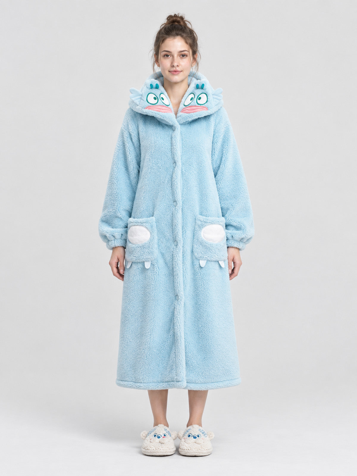 Light Blue Hooded Robe with Fish and Pockets