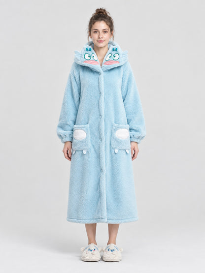 Light Blue Hooded Robe with Fish and Pockets