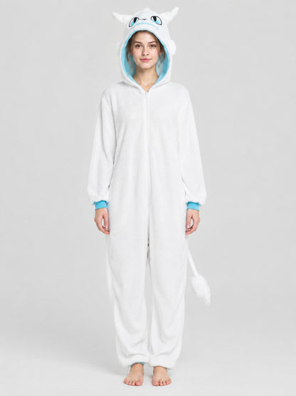 white jumpsuit pajama with blue trim and a tail