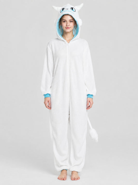 white jumpsuit pajama with blue trim and a tail