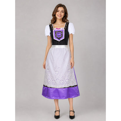 The dress is designed in an ethnic style and features a contrasting combination of white, pink, purple, and black. It has a black bodice, voluminous white puff sleeves, and a white waistband. The front is decorated with a purple lace-up det