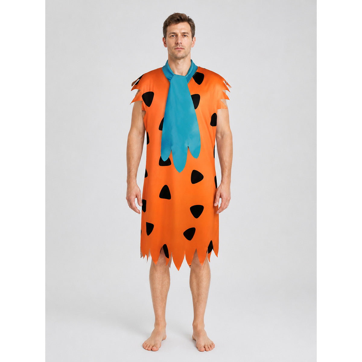 Orange Dress with Black Spots and Blue Accessory