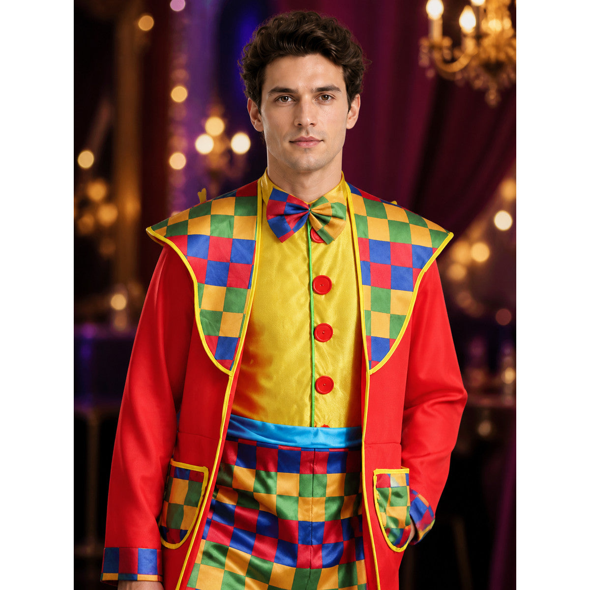 Unisex Clown Circus Costume Set, Multicolor Checkered Coat and Jumpsuit with Bow