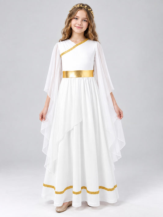 Long Asymmetrical White Dress with Gold Belt