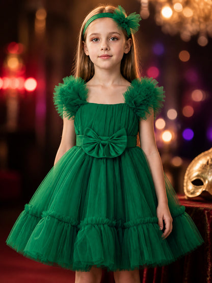 Girls' Green Princess Dress with Puff Sleeves, Layered Tulle Skirt and Bow on-model view