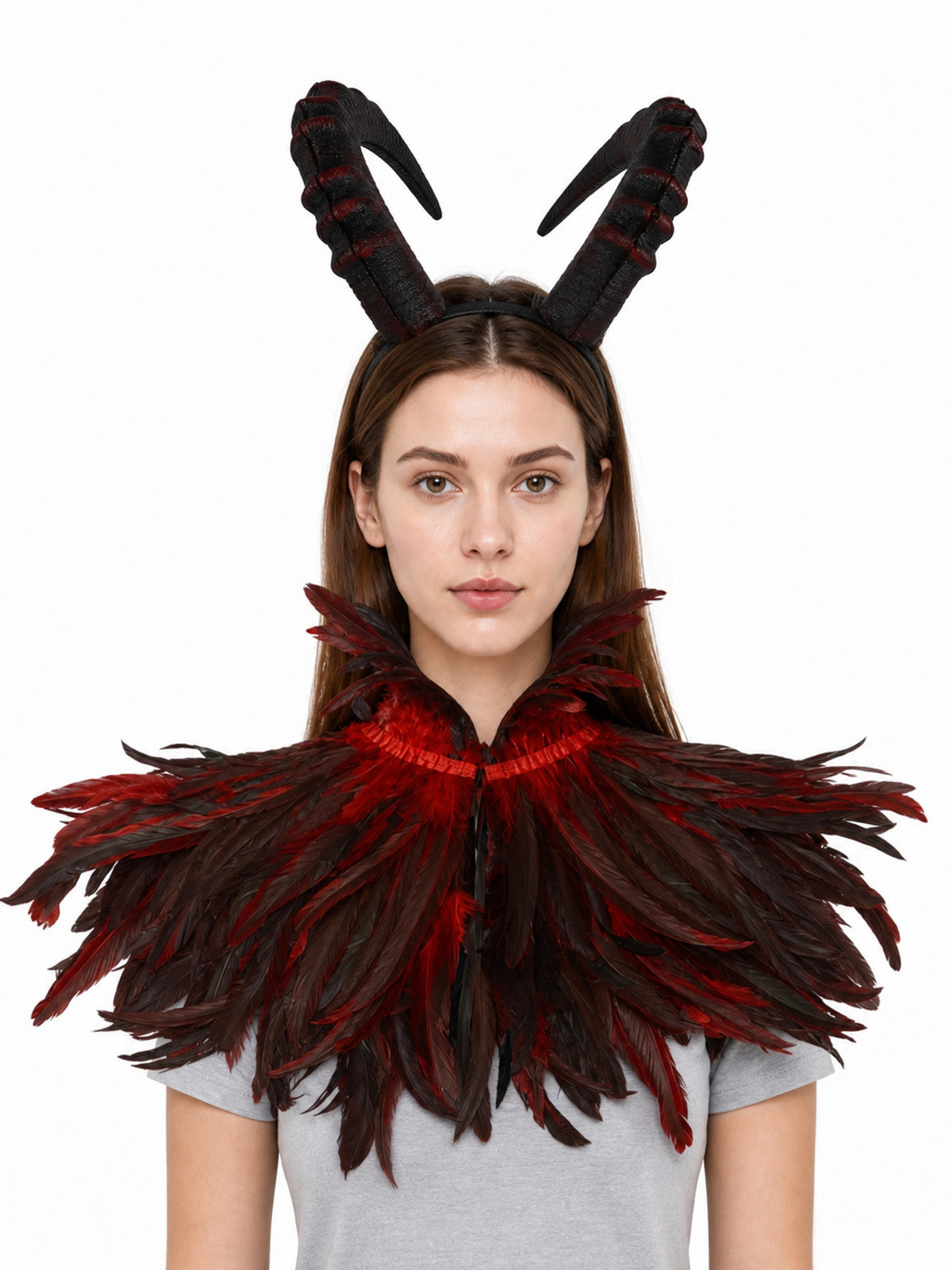 Horned headpiece with black and red textured horns, shown on a model with a matching feathered collar against a white background