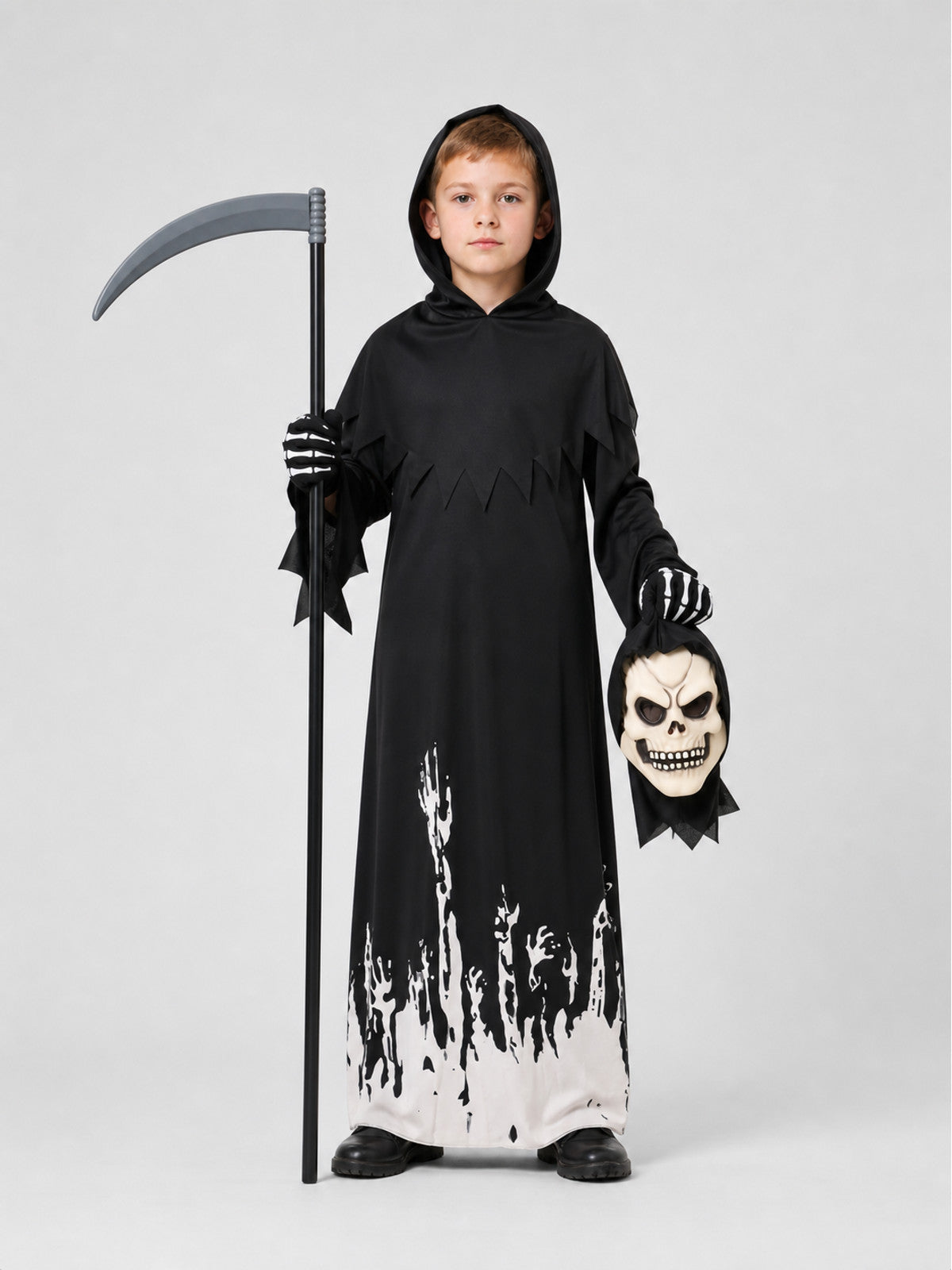 Gothic Grim Reaper Costume with Hood, Mask, and Scythe on-model view
