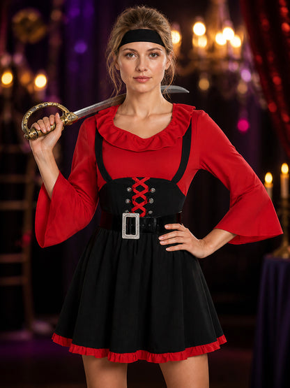 Red and Black Pirate Costume for Women for Halloween on-model view