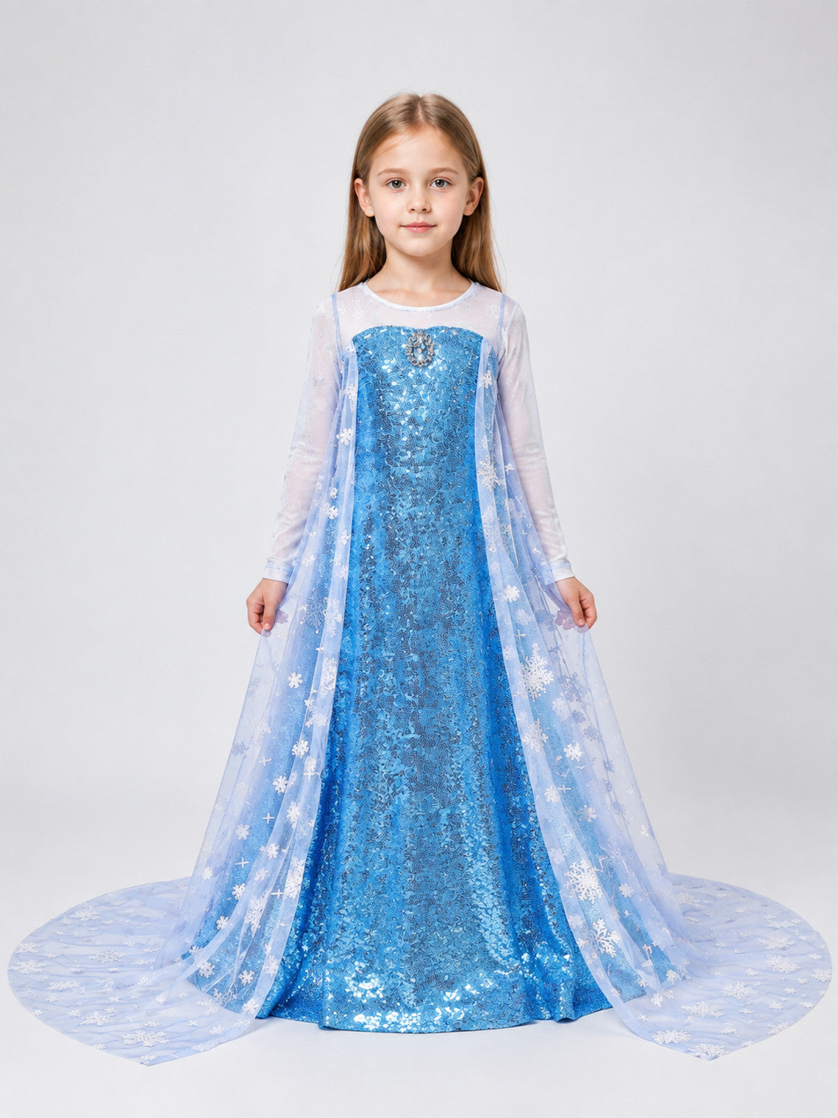 Floor-Length Dress with Snowflakes, Blue Embellishments, and a Train on-model view