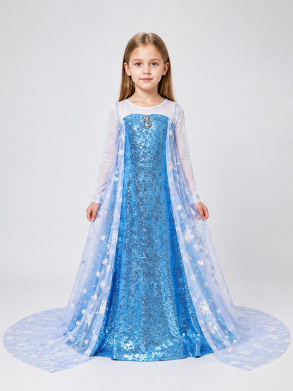 Floor-Length Dress with Snowflakes, Blue Embellishments, and a Train on-model view