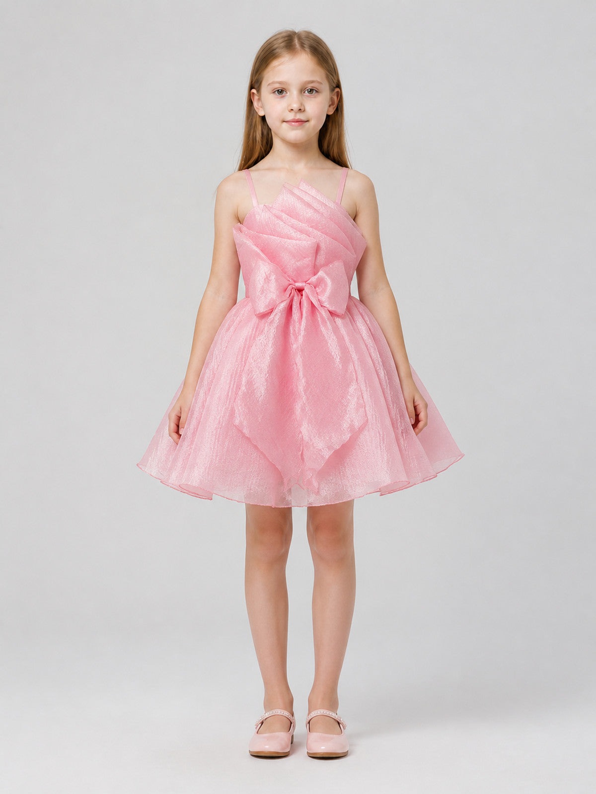 Girls' Spaghetti-Strap Dress with Bow and Full Skirt on-model view