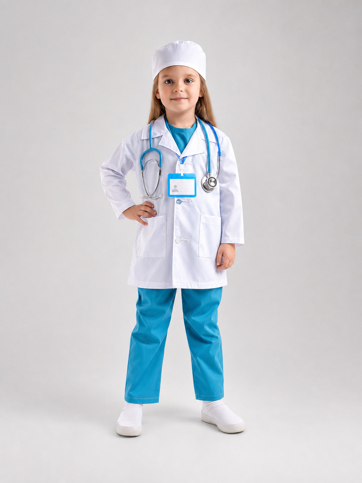 Full-body view of a child wearing a white doctor coat, blue pants, white cap, blue stethoscope, and ID badge