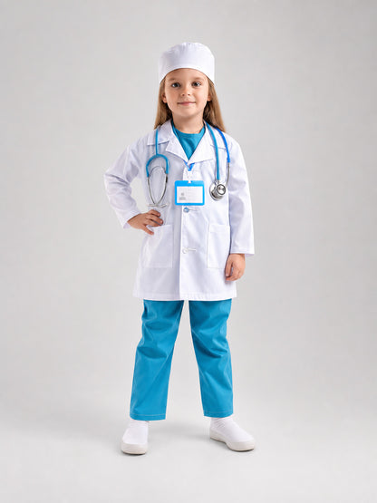Full-body view of a child wearing a white doctor coat, blue pants, white cap, blue stethoscope, and ID badge