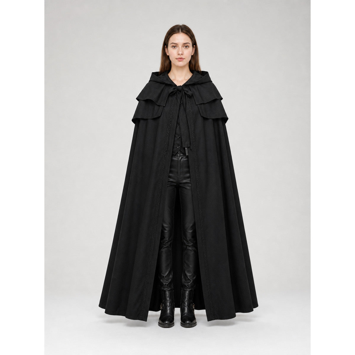 Black Gothic-Style Hooded Cape on-model view