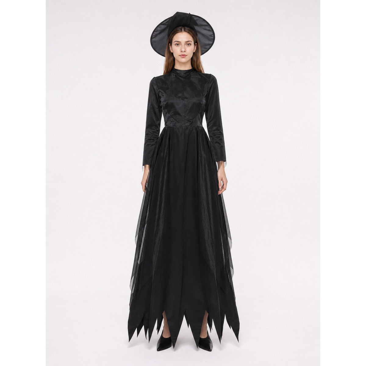 Long Black Dress with a High Collar and Sleeves