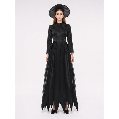 Long Black Dress with a High Collar and Sleeves