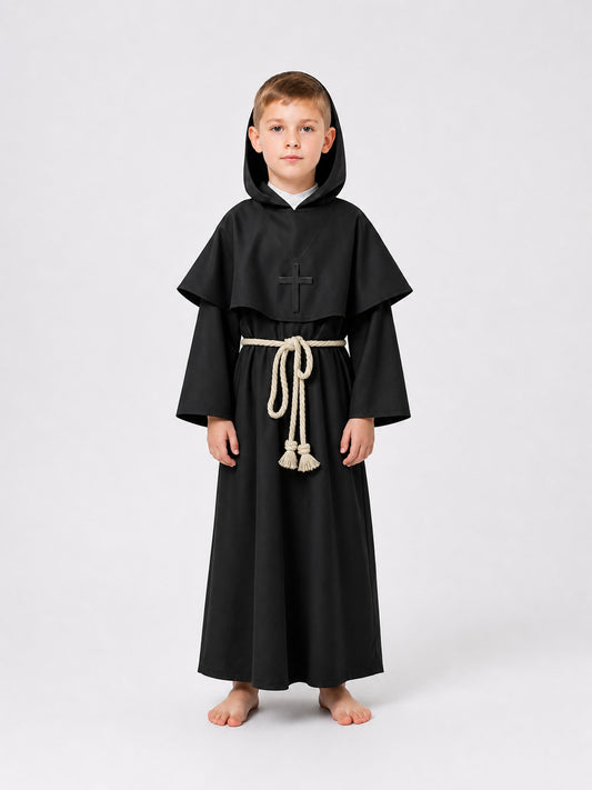 Full-body child model wearing a black hooded robe with cape sleeves, a cross detail, and a cream cord belt with tassels