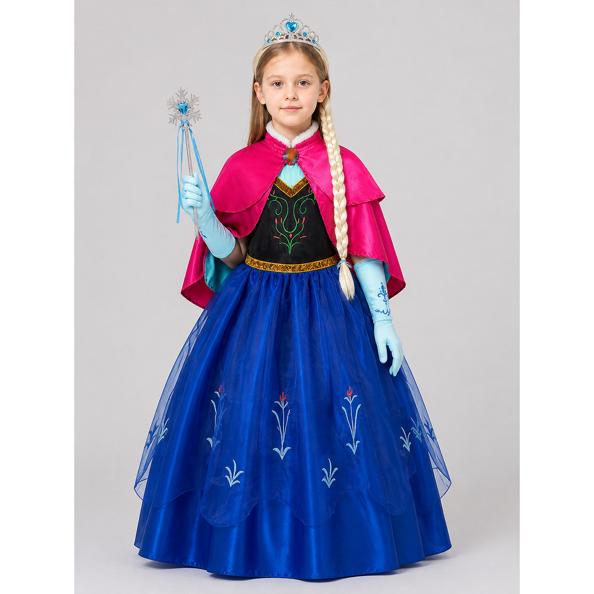 Children’s Princess Costume with Cape, Crown, and Wig on-model view