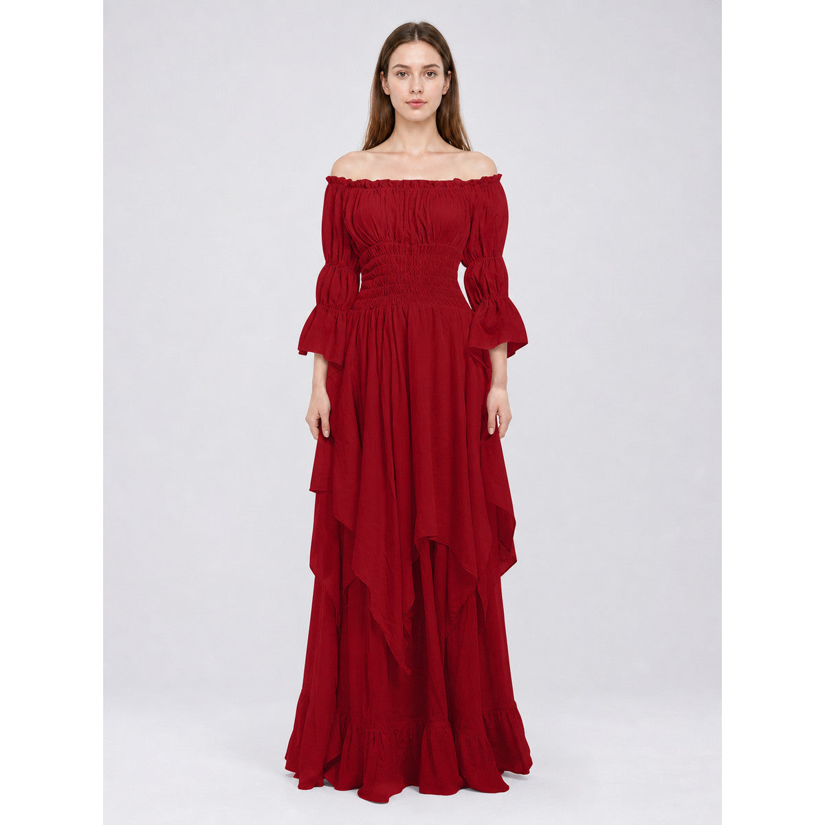 Burgundy Off-the-Shoulder Retro-Style Dress on-model view