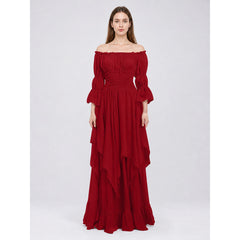 Burgundy Off-the-Shoulder Retro-Style Dress