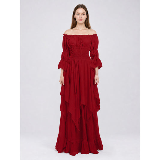 Burgundy Off-the-Shoulder Retro-Style Dress on-model view