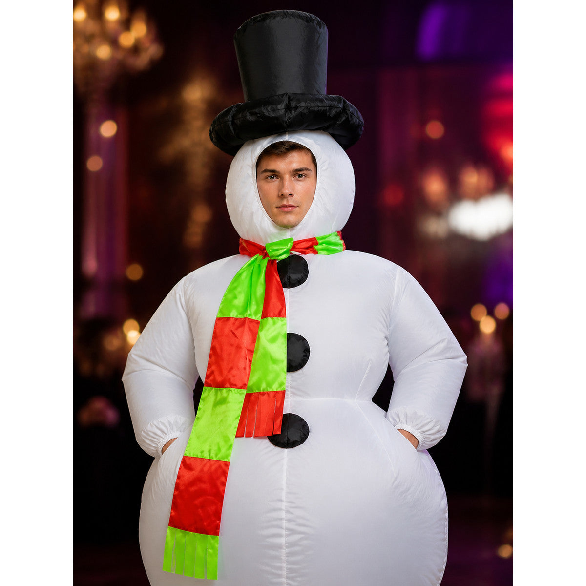Fluffy Snowman Jumpsuit Costume Set with Hat and Scarf on-model view