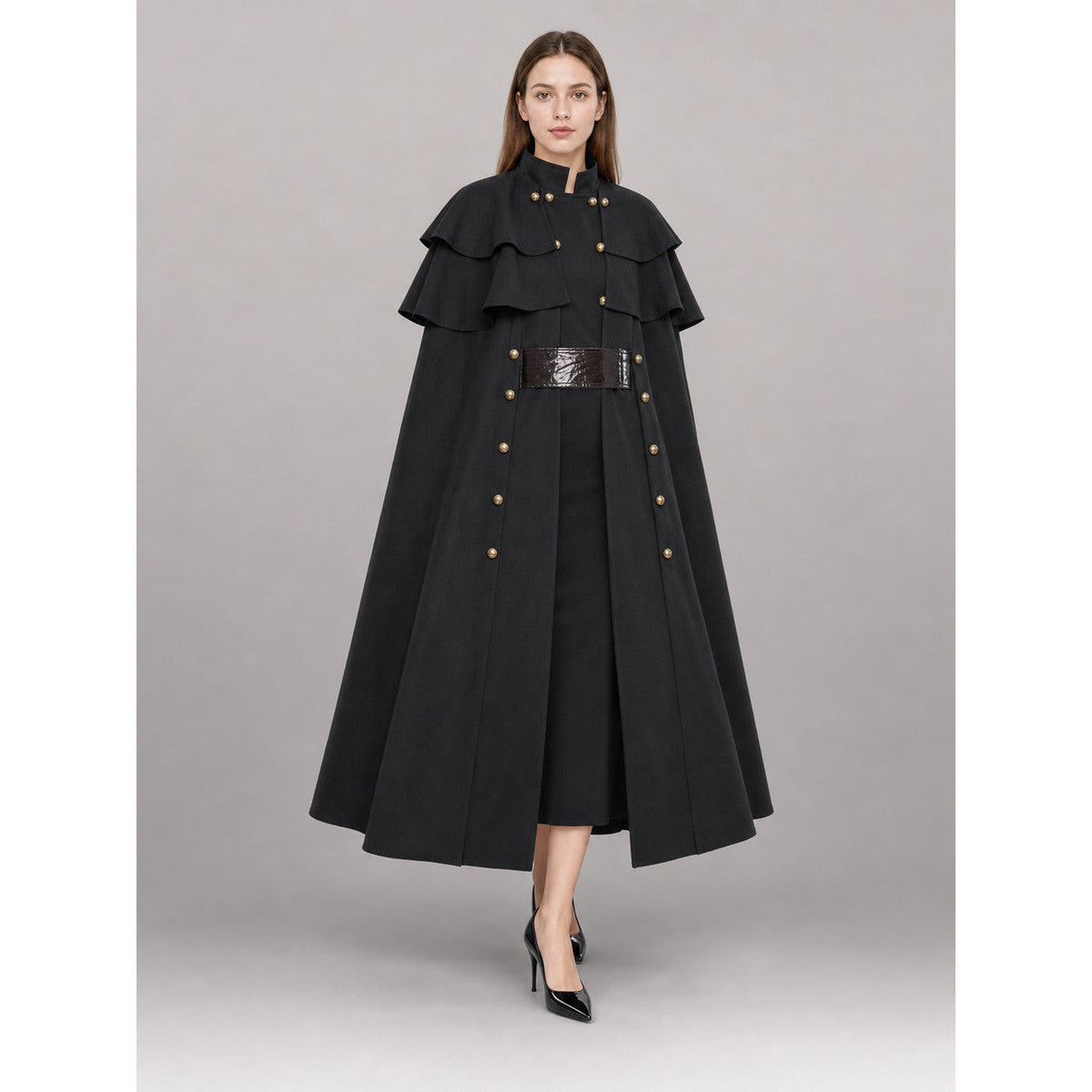 Black Carnival Hooded Cloak for Halloween front view