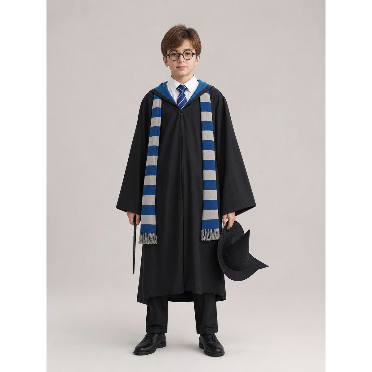 Wizard Costume with Robe, Hat, Glasses, and Scarf on-model view