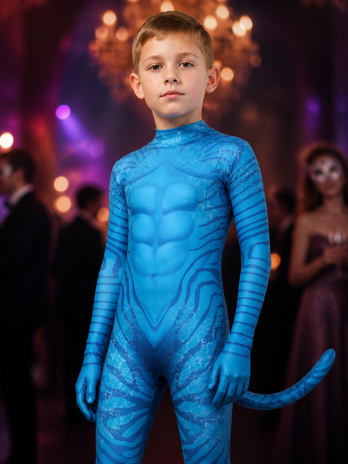 Kids Avatar 3 Bodysuit Costume, Blue Muscle Print with Tail, Halloween Outfit on-model view