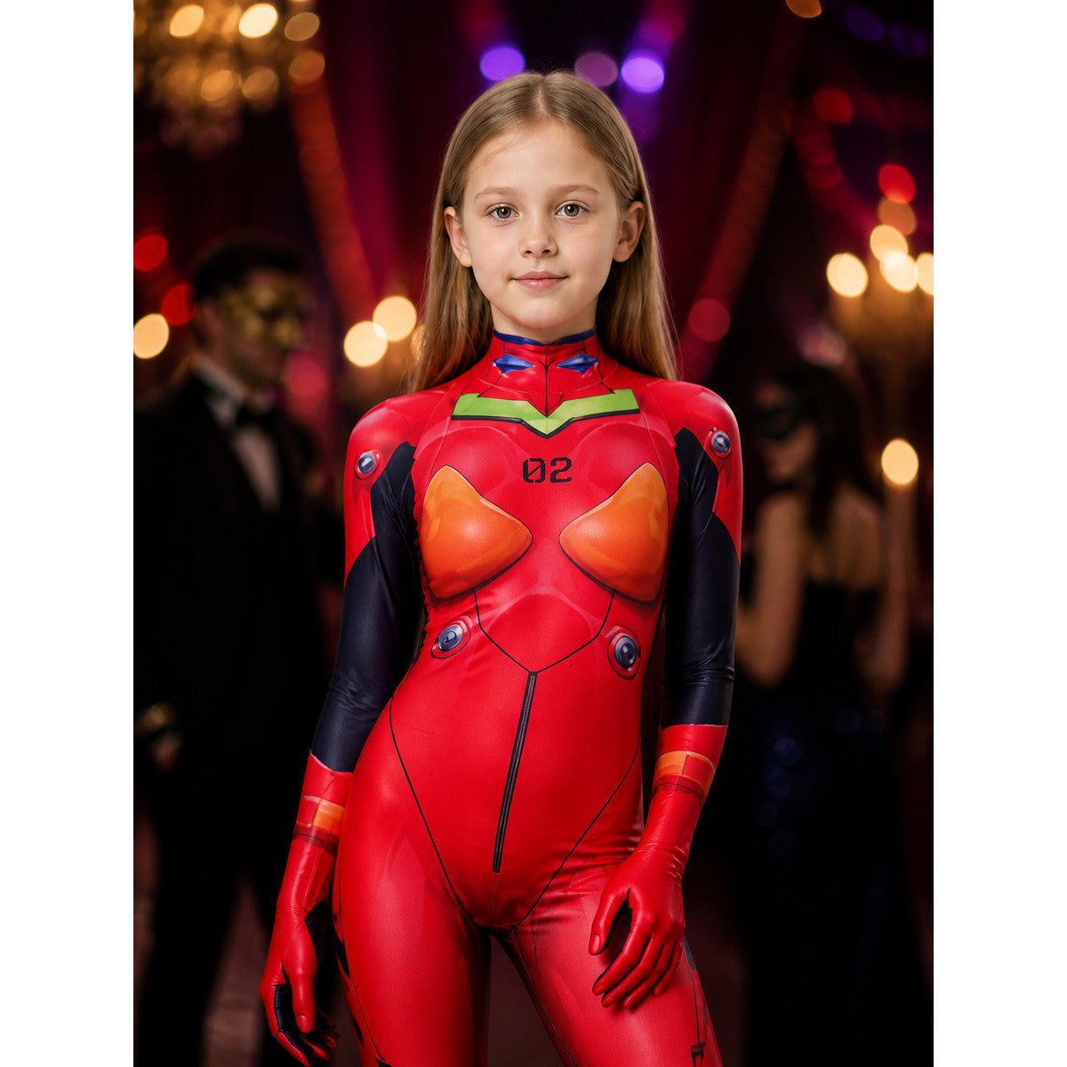 EVA-Style Red, Orange And Black Full-Body Bodysuit Cosplay Costume on-model view