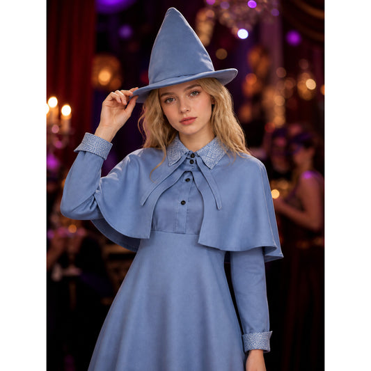 Women's Blue Witch Costume Set with Cape and Dress, Halloween Cosplay Outfit on-model view