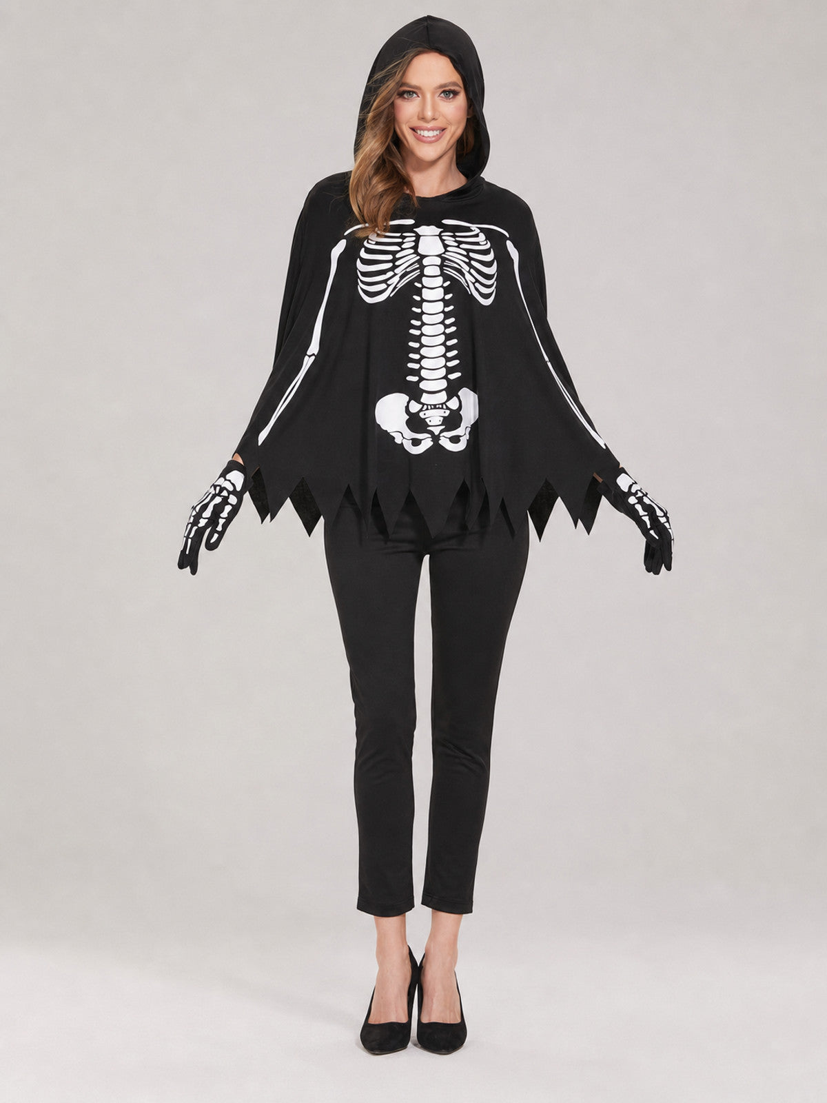 Costume Cape with Hood and Skeleton Print front view