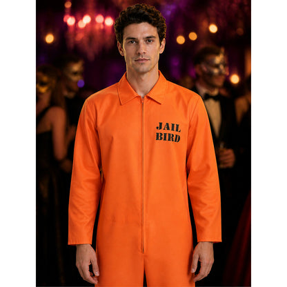Orange Prisoner Jumpsuit Costume, Collared Long Sleeve Zip-Up Halloween Cosplay on-model view