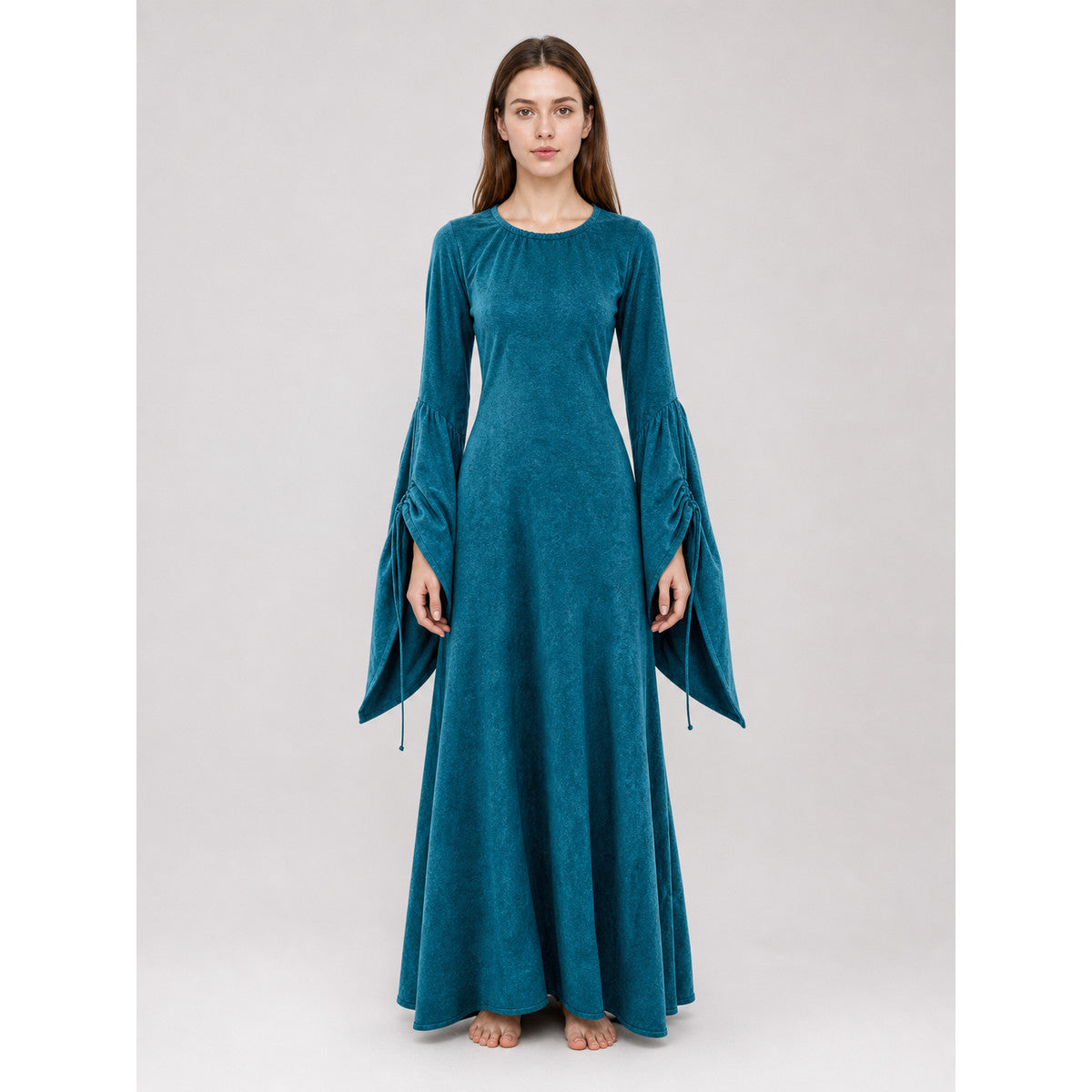 Long Retro-Style Dress with Sleeves and Belt on-model view