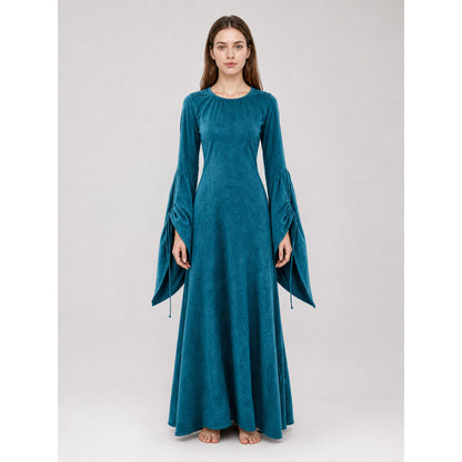 Long Retro-Style Dress with Sleeves and Belt on-model view