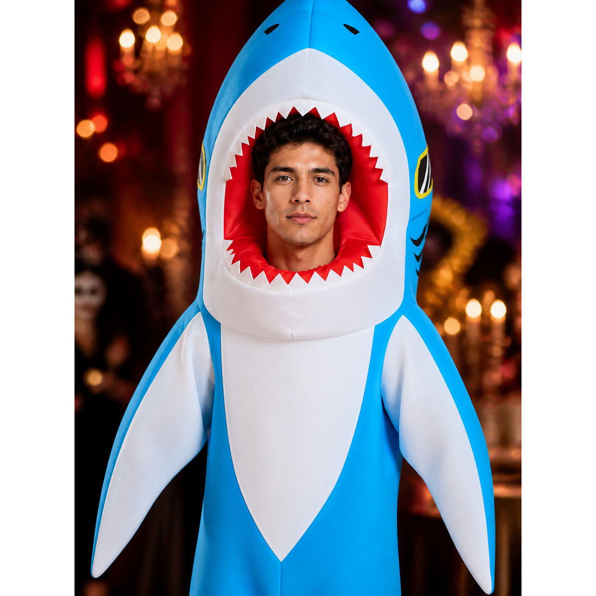 Unisex Adult Shark Costume Jumpsuit with Fins and Tail, Blue White Halloween on-model view