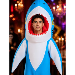 Unisex Adult Inflatable Shark Costume, Blue & White Blow-Up Jumpsuit with Fan and Battery Box