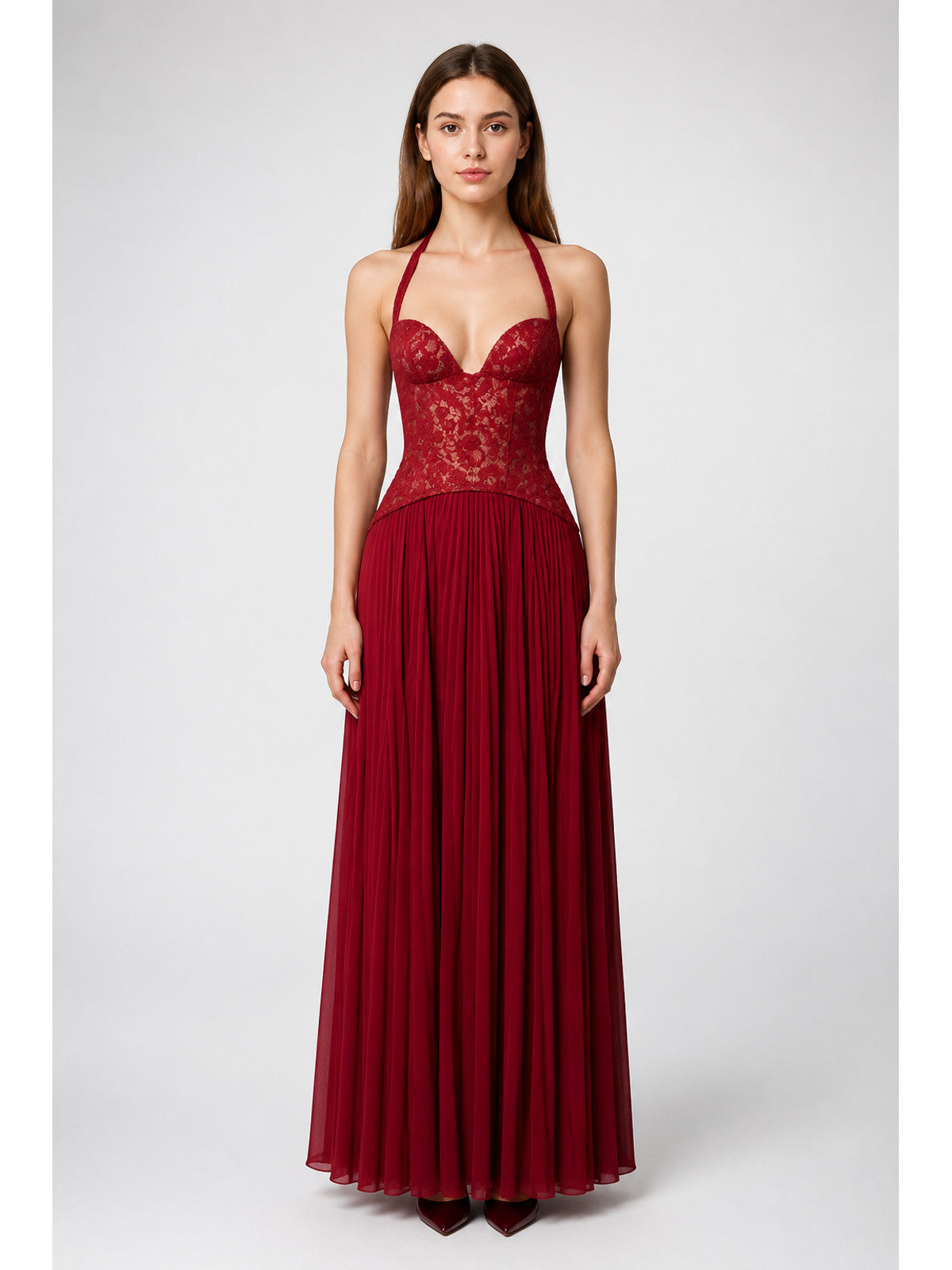 Maxi Dress with Halter Straps, Corset Bodice, and Pleated Skirt main product view
