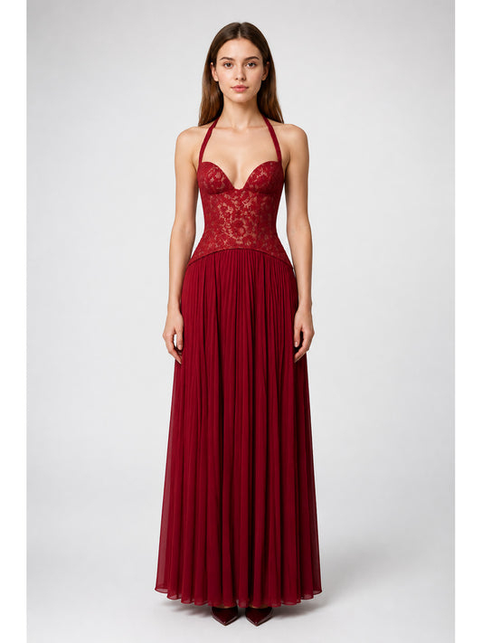 Maxi Dress with Halter Straps, Corset Bodice, and Pleated Skirt main product view