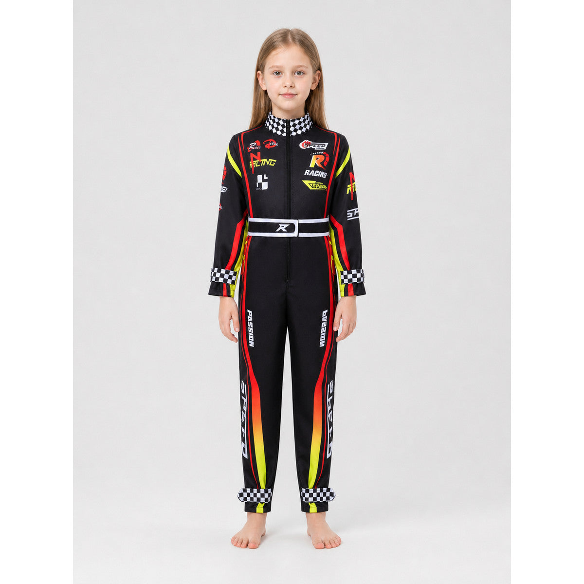 Racing Jumpsuit with Belt and Checkered Print
