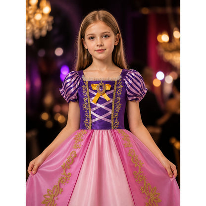 Girls Princess Dress Costume, Purple Pink Puff Sleeve with Heart Bow, Halloween on-model view