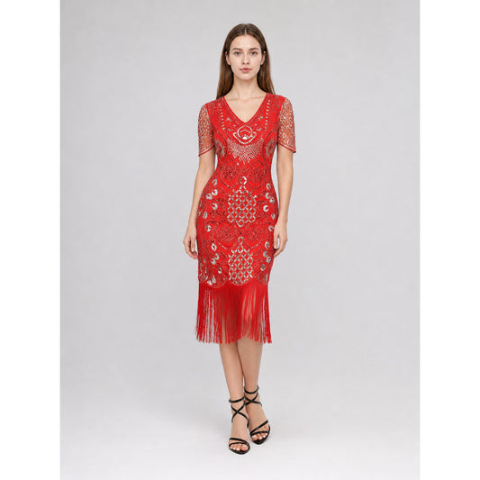 Retro-Style Sequin and Fringe Cocktail Dress