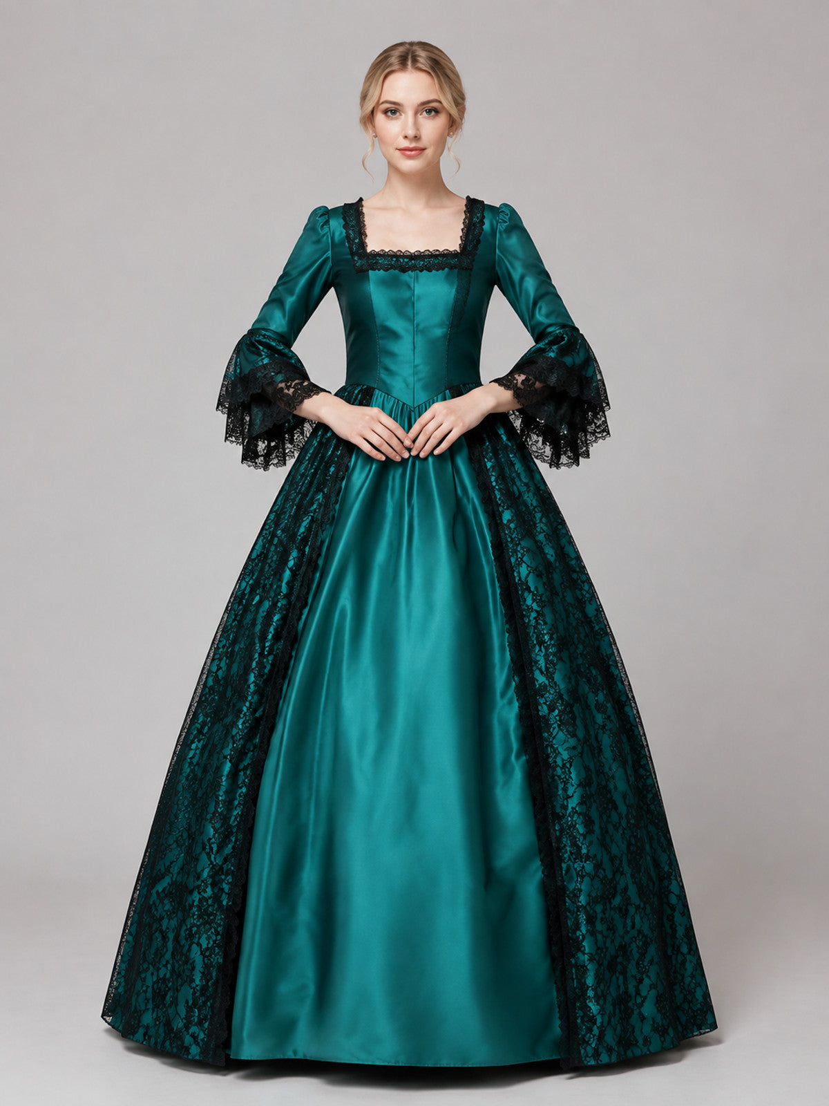 Medieval Dress with Full Skirt and Lace on-model view
