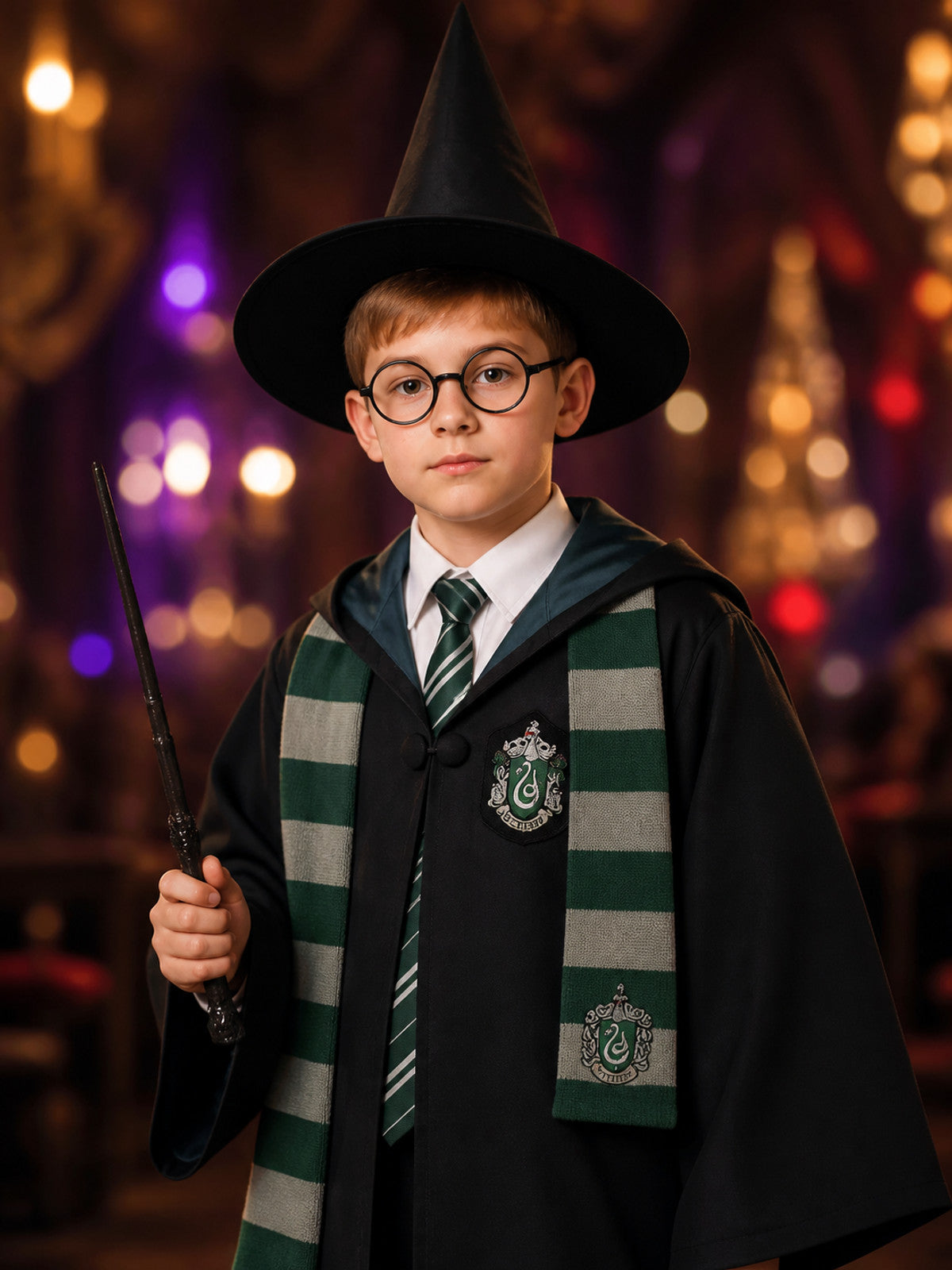 Slytherin Wizard Costume with Robe and Scarf for Cosplay on-model view