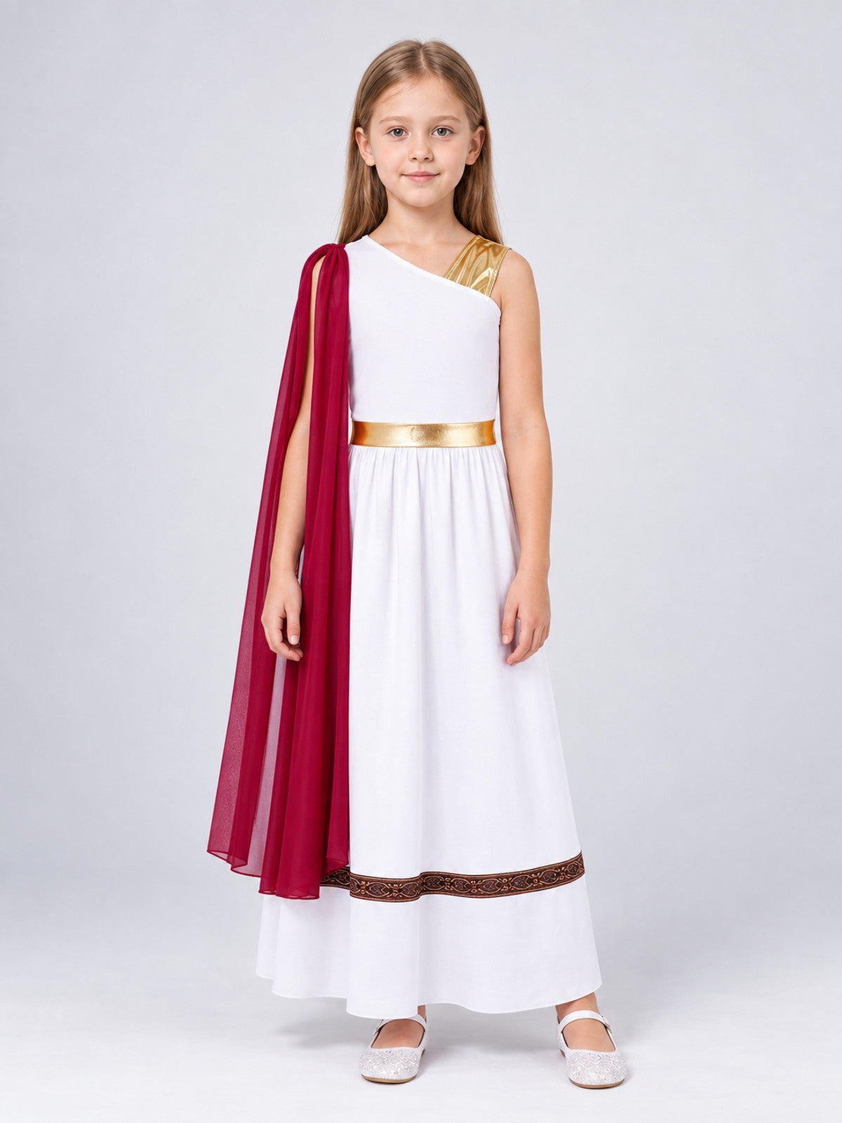 Carnival Dress with Burgundy Cape and Gold Belt