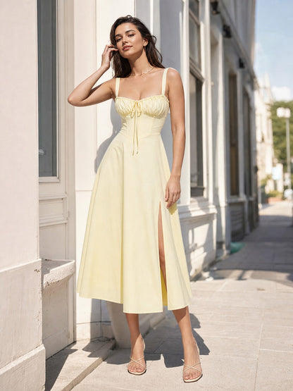 Yellow Midi Dress with a Slit and Thin Straps