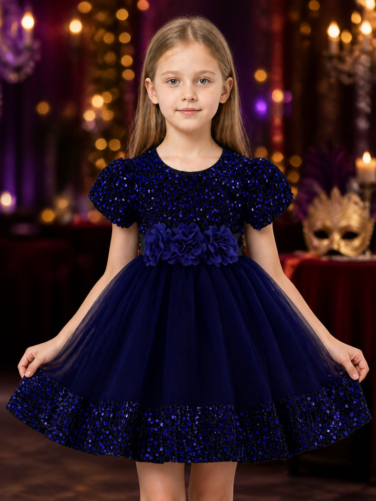 Baby Girls' Princess Dress, Sequined Tulle Puff Sleeve 3D Flower Party Gown on-model view